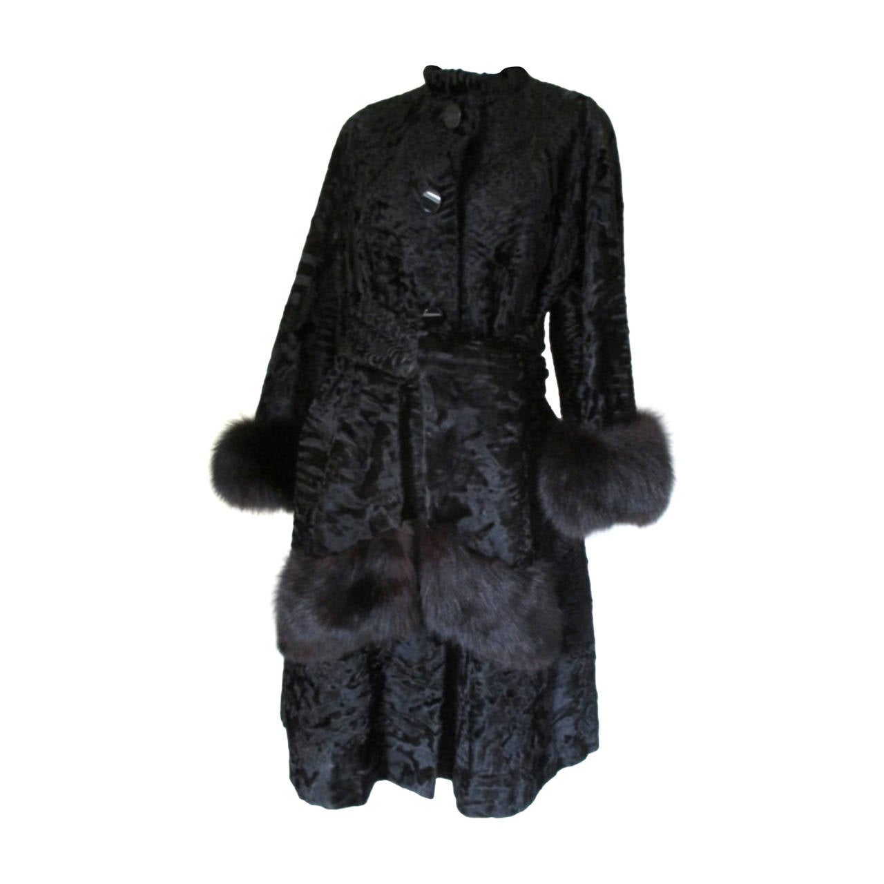 Elegant black Persian lamb/astrakhan fur coat with fox