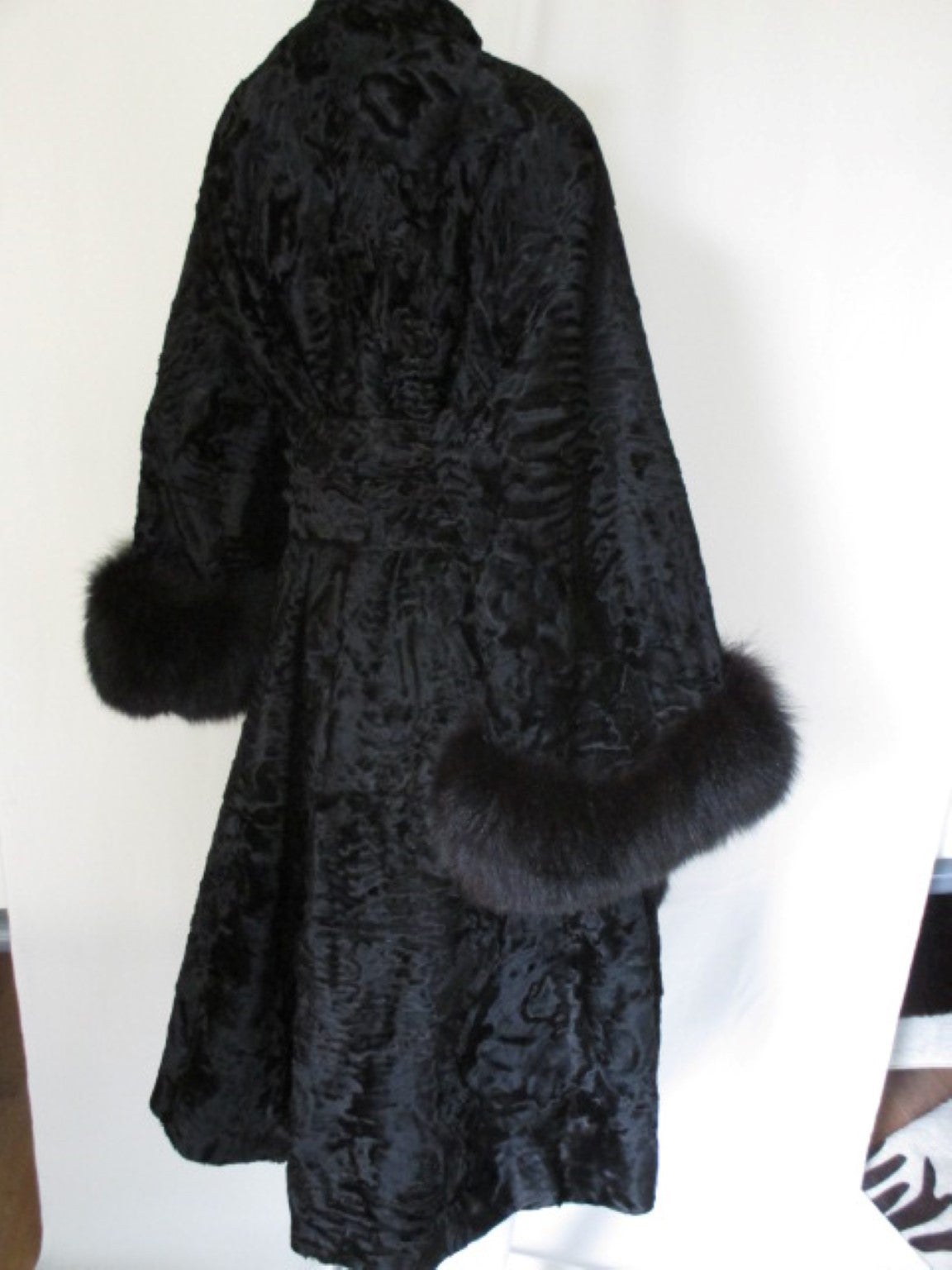 Elegant black Persian lamb/astrakhan fur coat with fox 3