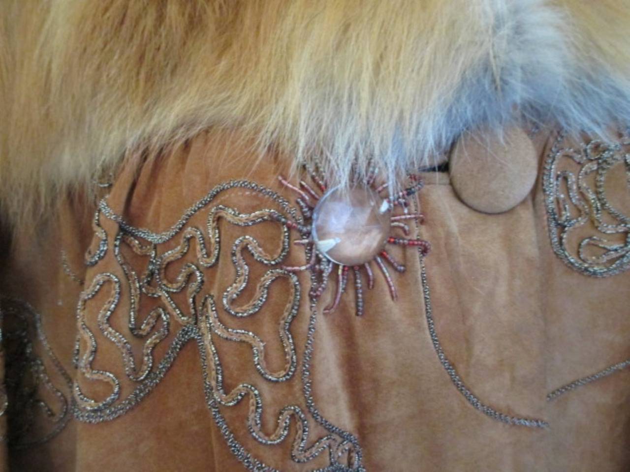 Brown Embroidered Suede Coat with Red Fox Fur