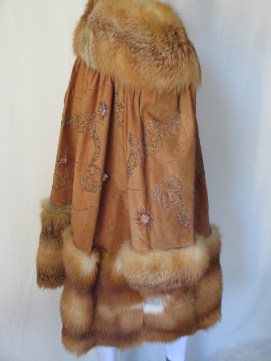 Women's or Men's Embroidered Suede Coat with Red Fox Fur