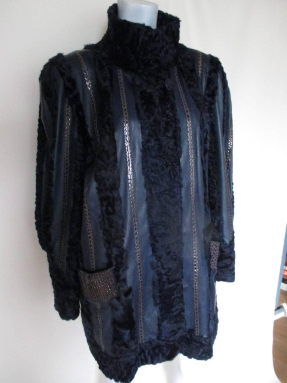 Rare blue purple Persian lamb/Astrakhan fur coat with soft leather 2