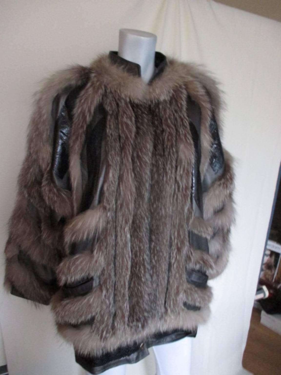 Funky Silver Fox Fur Leather Jacket  1