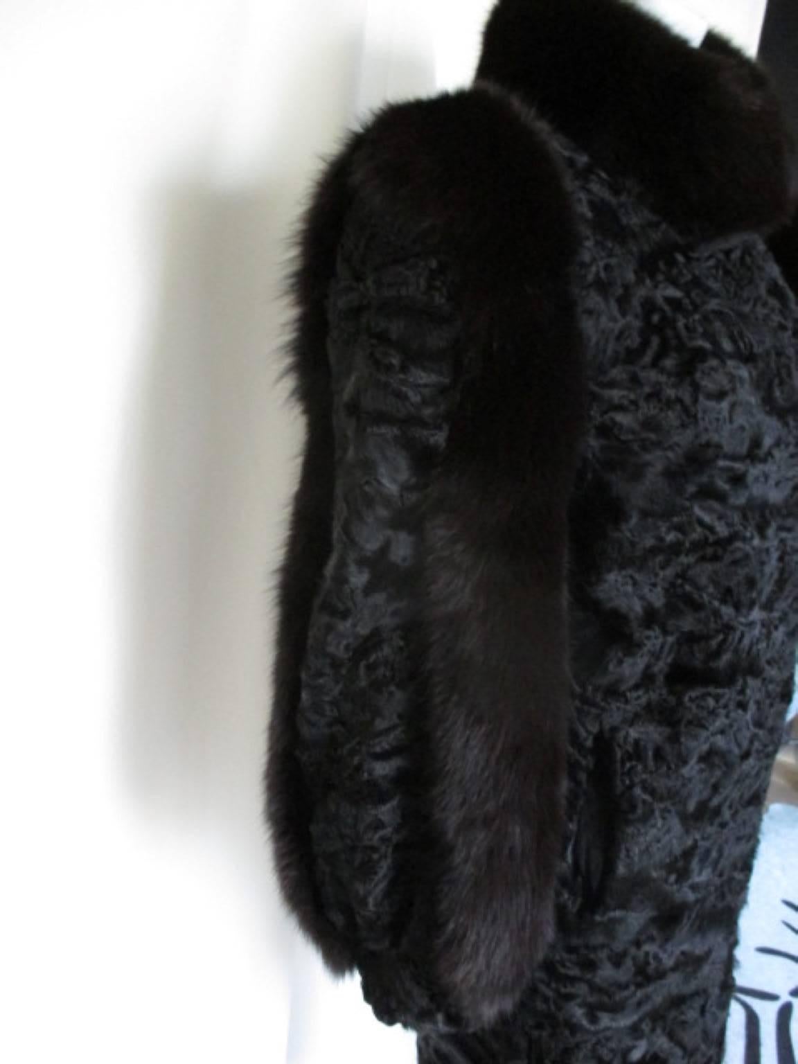 Black persian lamb/astrakhan trimmed with fox fur In Good Condition In Amsterdam, NL