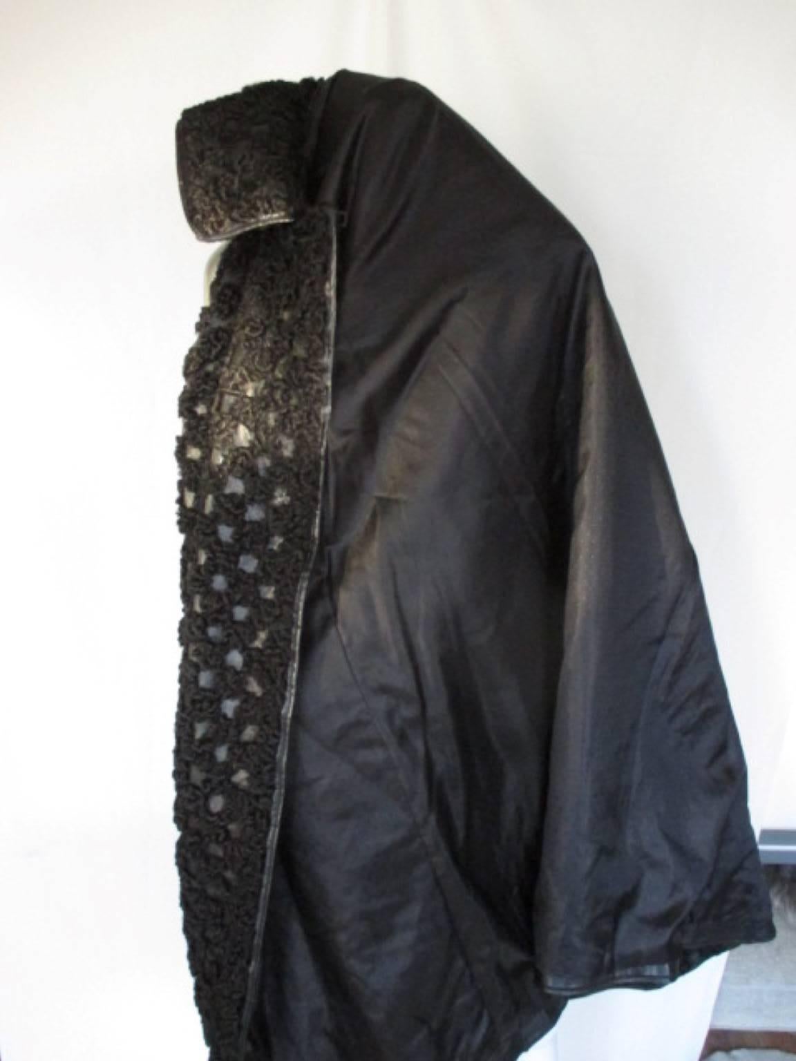 Beautiful Black Persian Lamb/Astrakhan/Leather Fur Coat In Good Condition In Amsterdam, NL