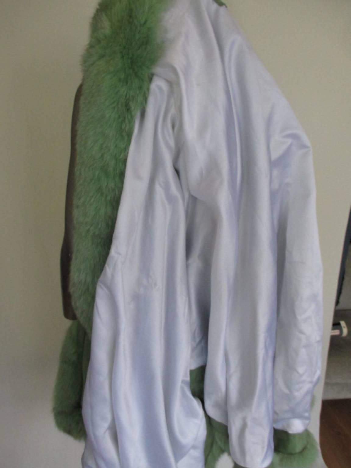 Women's lime green soft suede leather fox fur trimmed cape