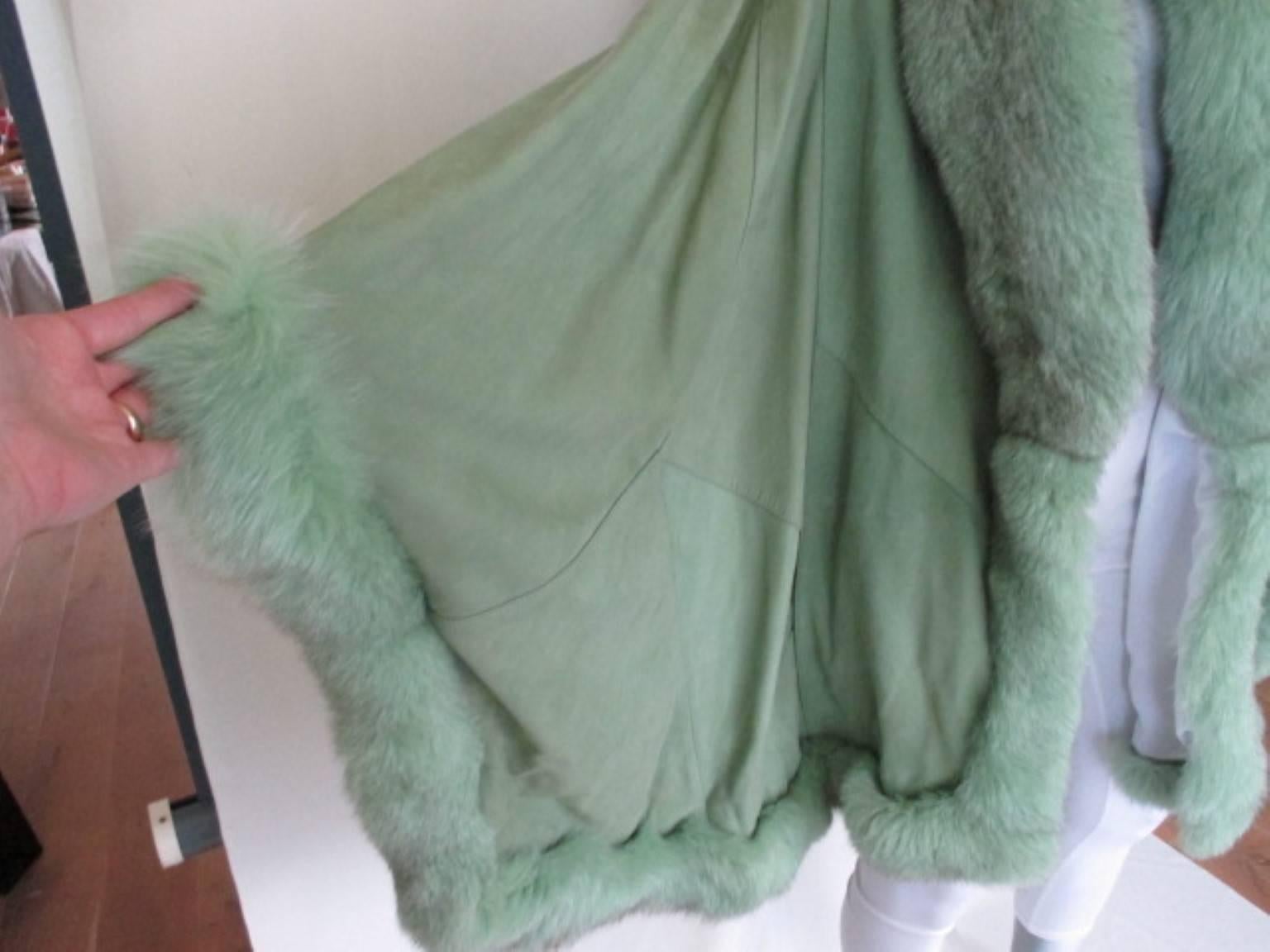 Green lime green soft suede leather fox fur trimmed cape