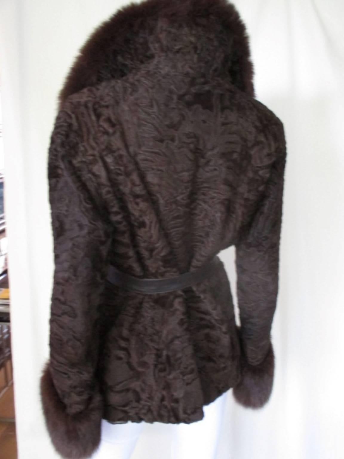 Black Brown swakara persian lamb fur jacket with fox details