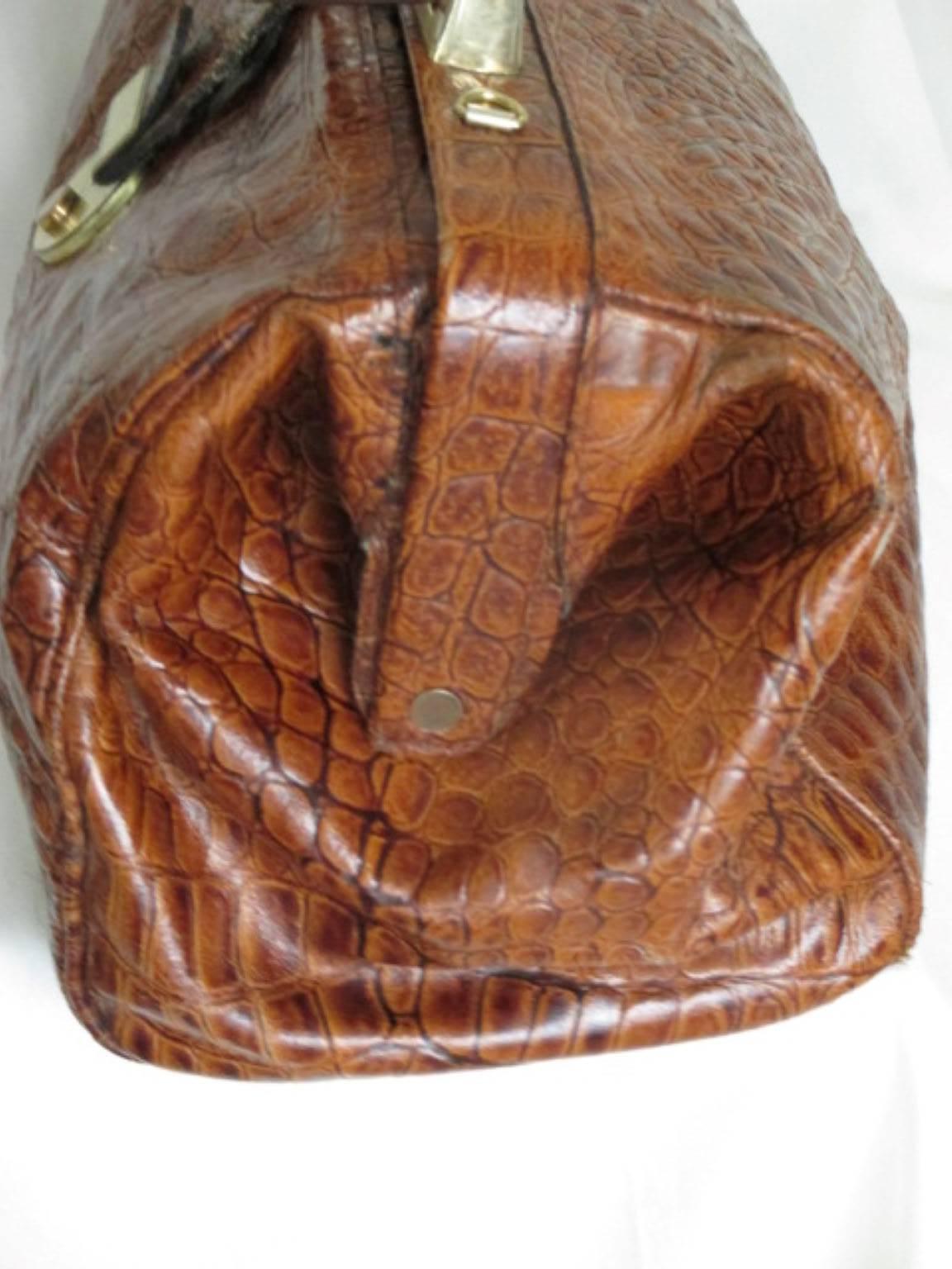 Brown Little Embossed Crocodile Leather Doctor Bag