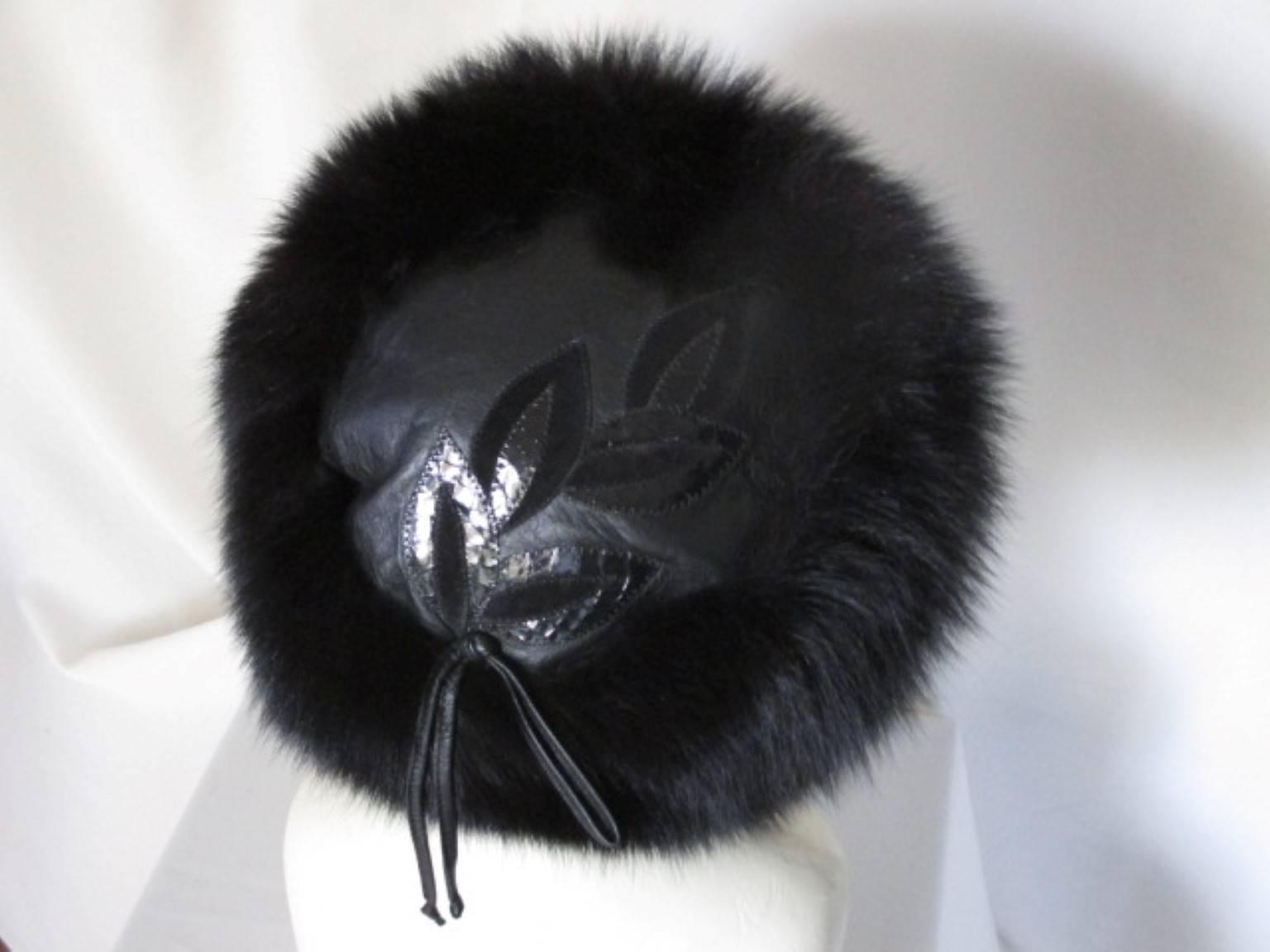 Black exclusive black fox fur hat with leather top