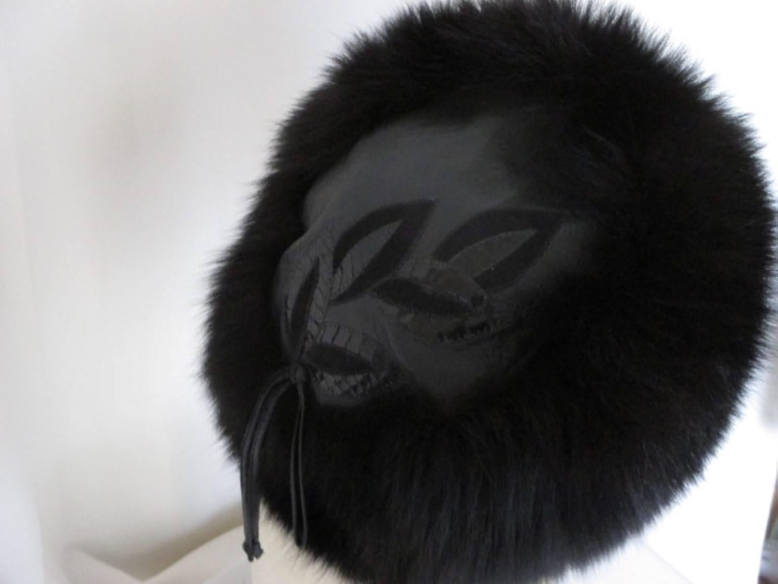 Women's exclusive black fox fur hat with leather top