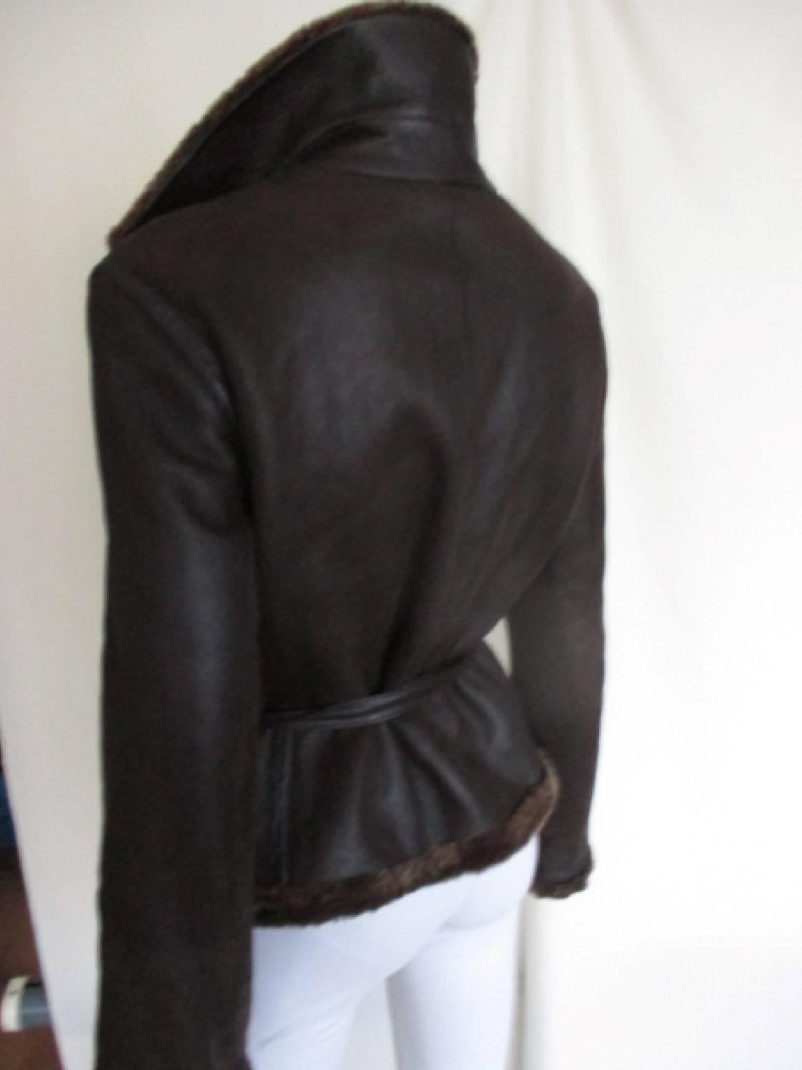 Black soft brown belted shearling fur jacket