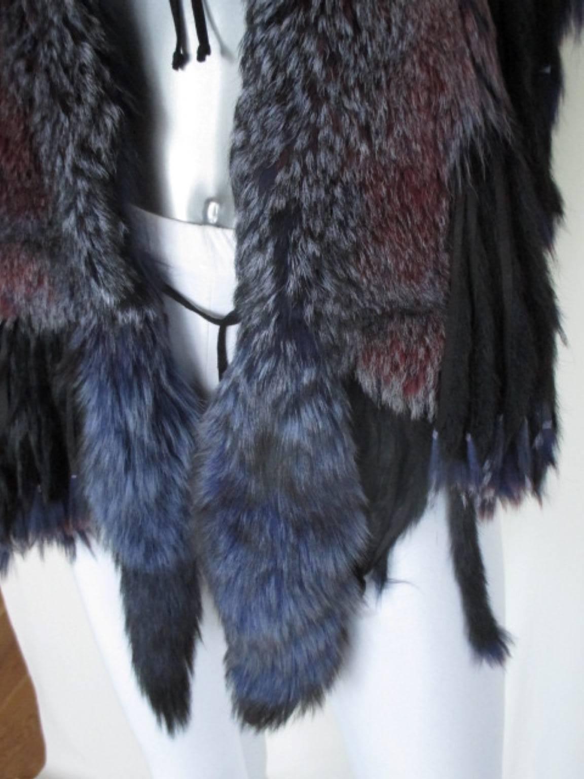 Black fabulous fringed dyed fox fur stole For Sale