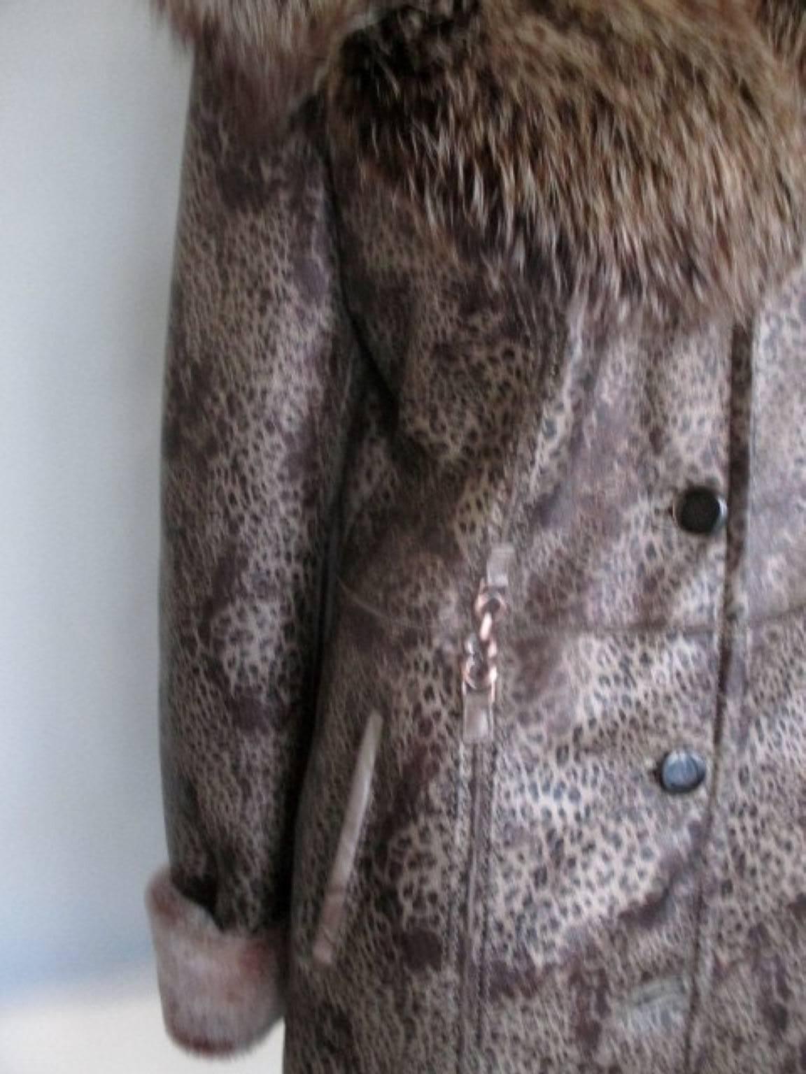 Black Metallic Leopard Print Shearling Coat with Fox Fur Hood