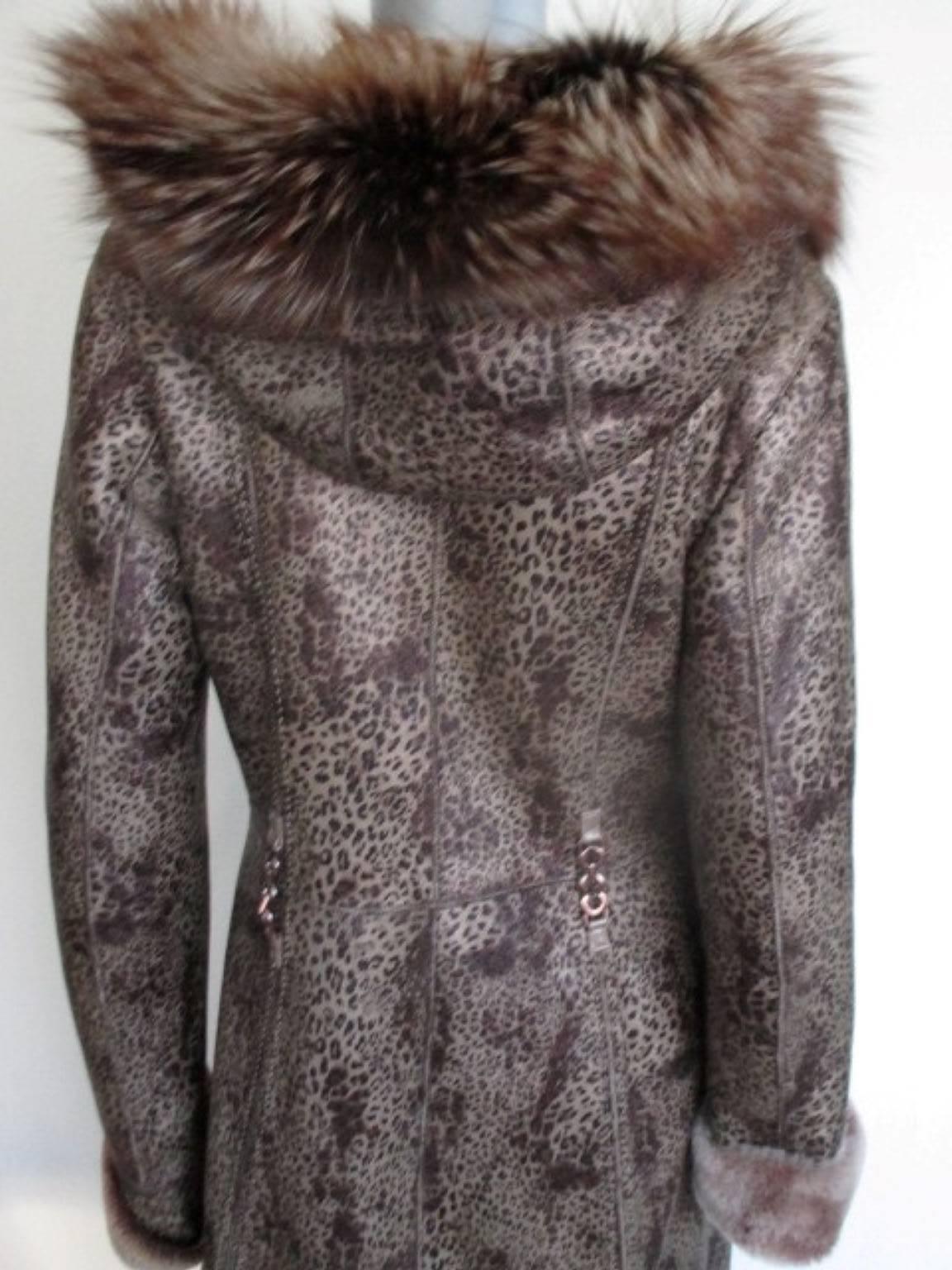 Women's or Men's Metallic Leopard Print Shearling Coat with Fox Fur Hood