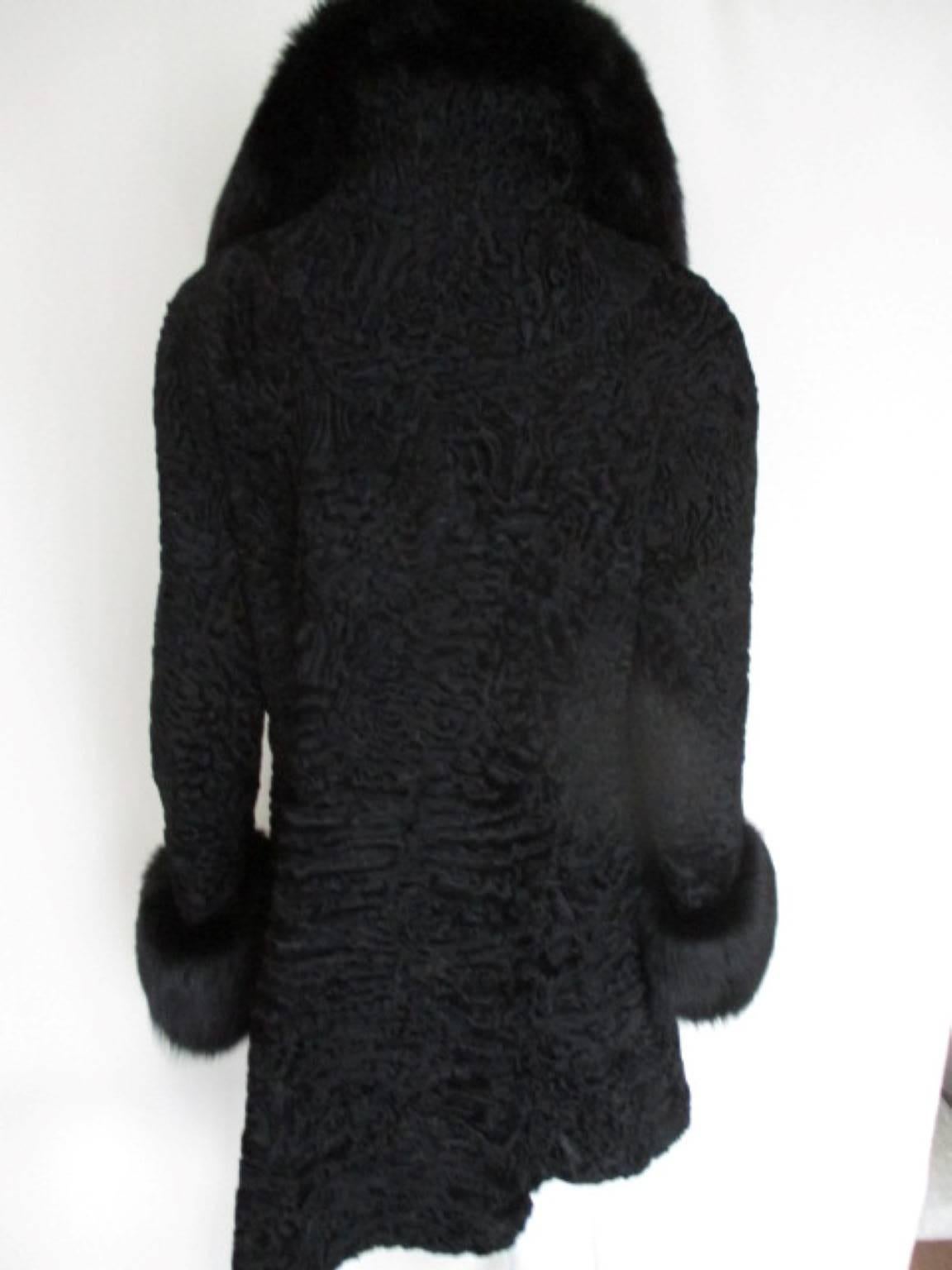 black Swakara Persian lamb coat trimmed with fox fur In Fair Condition In Amsterdam, NL
