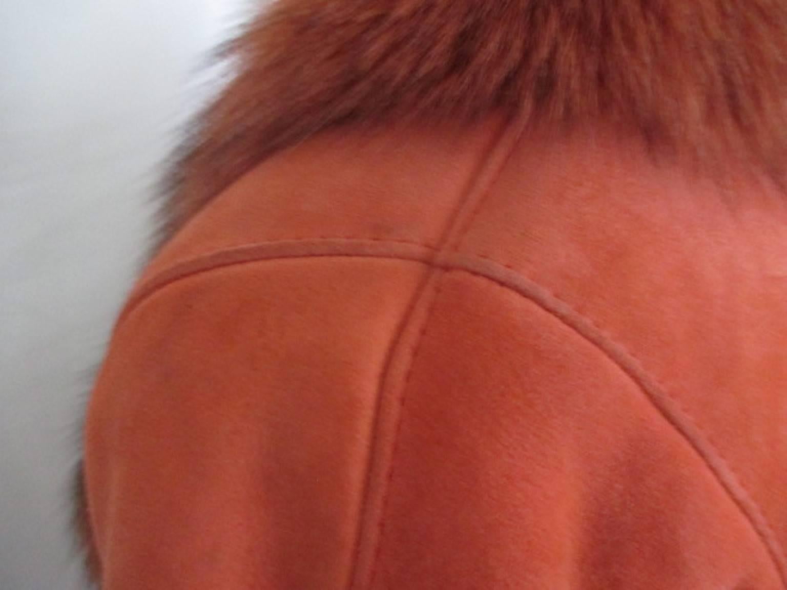 Women's or Men's Orange Shearling Jacket Trimmed with Fox Fur