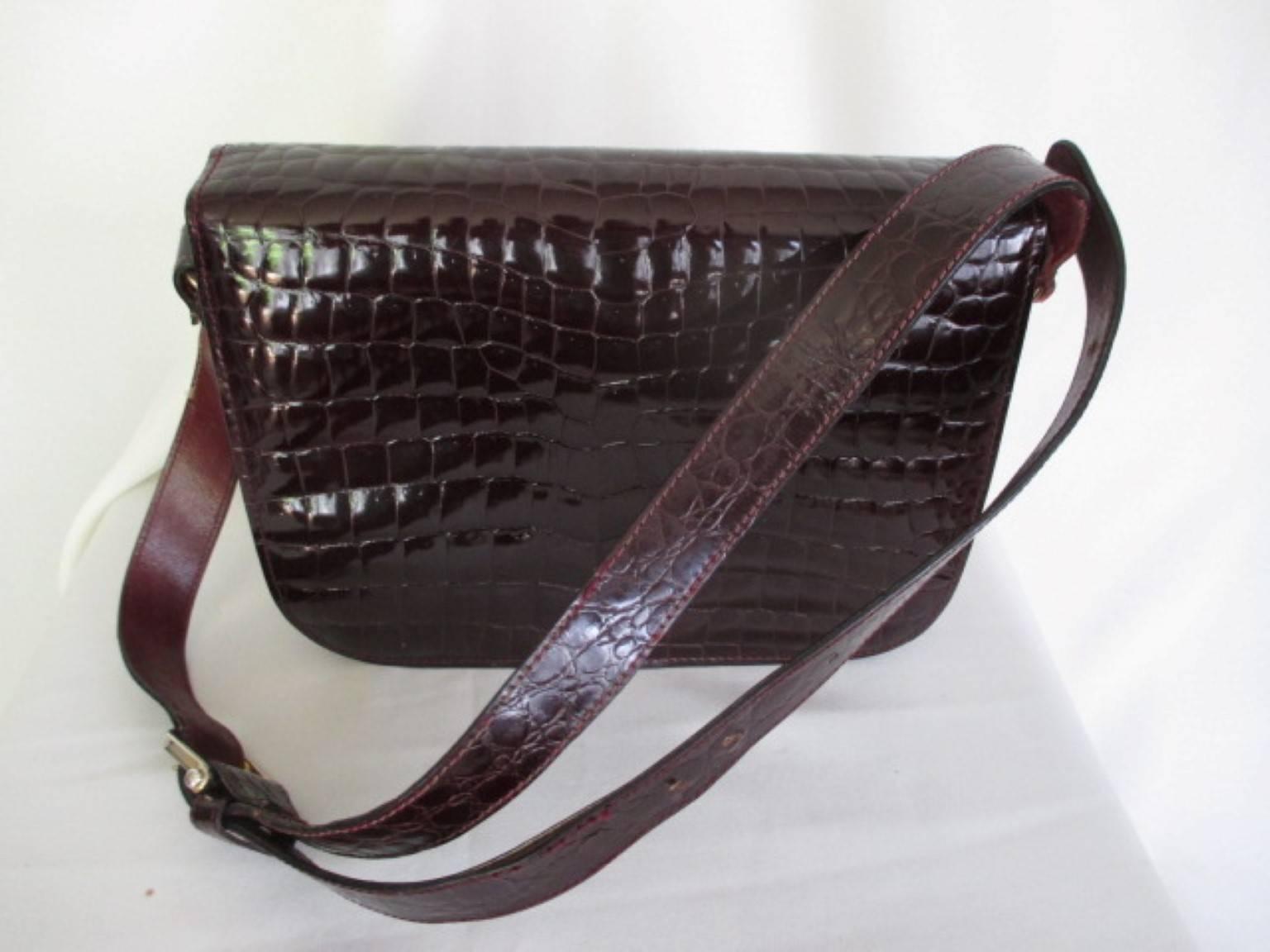 Black Bordeaux Crocodile Print Patent Leather Bag For Sale