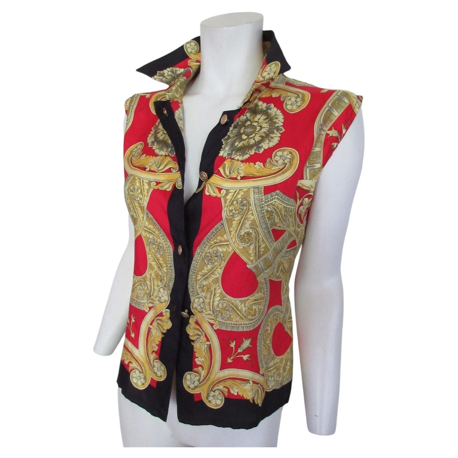 Versace Vintage – ärmellose Barockbluse mit goldenen Medusa-Knöpfen im Angebot
