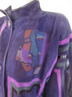 1990s Vintage Purple Suede Leather Art Vest in Colorful Patchwork