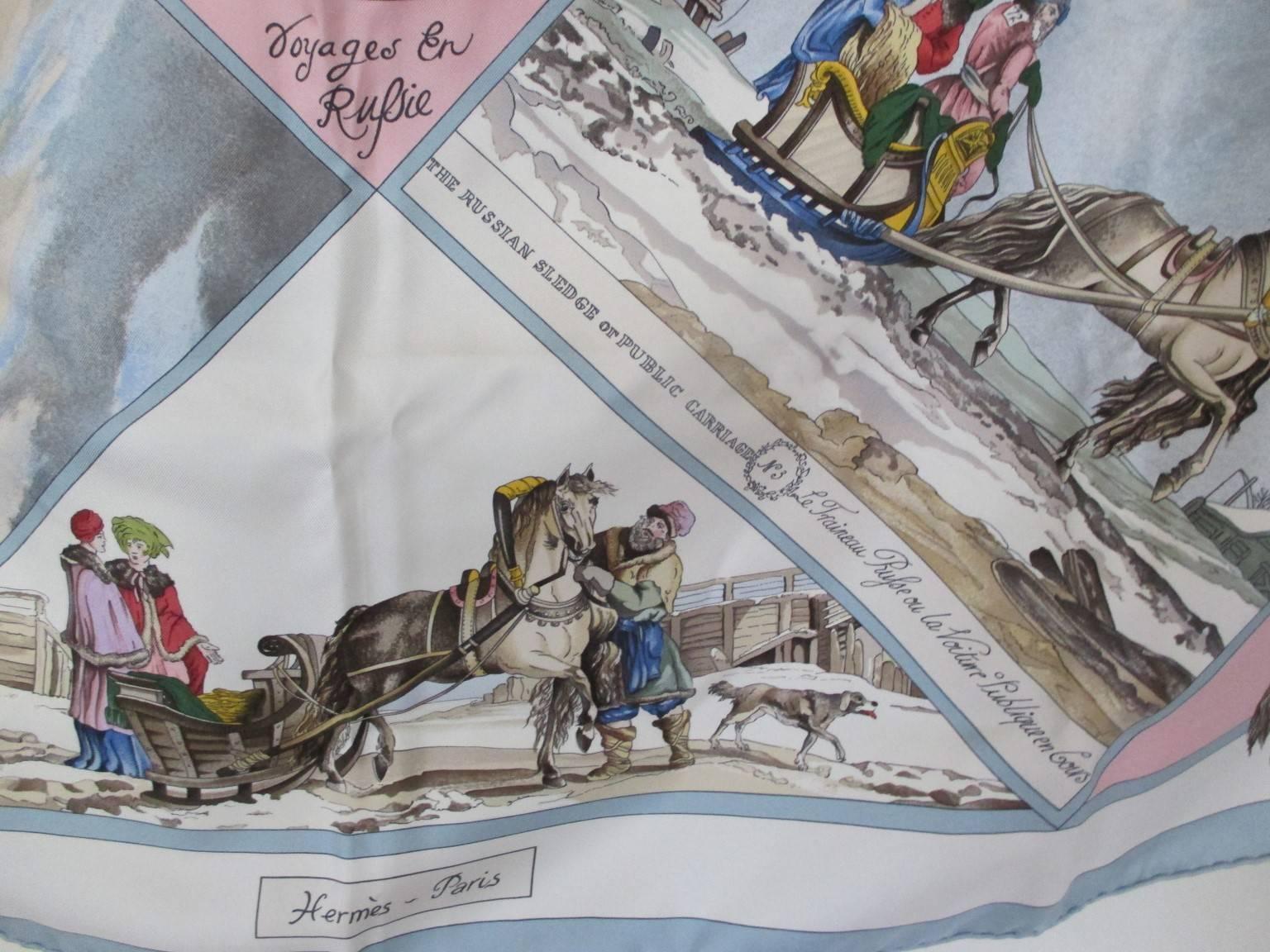 Hermes Voyages en Russie Blue Rose Silk Scarf In Fair Condition In Amsterdam, NL