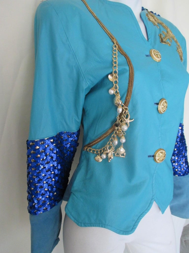 Turquoise Leather Sequin Embroidered Jacket at 1stDibs