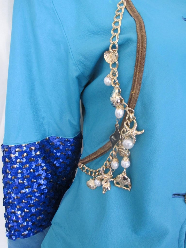 Turquoise Leather Sequin Embroidered Jacket at 1stDibs