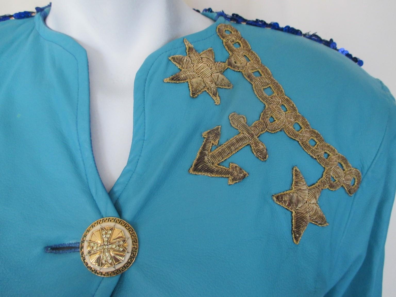 Blue Turquoise Leather Sequin Embroidered Jacket