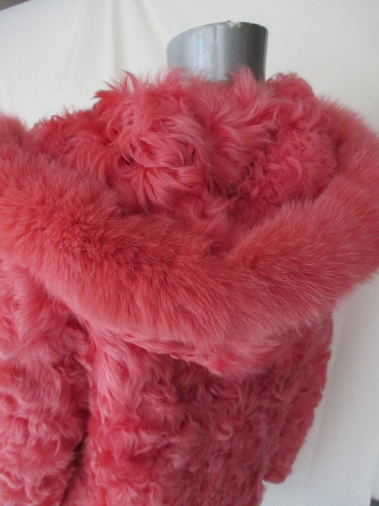 Coral curley lamb fur coat with hood For Sale at 1stdibs