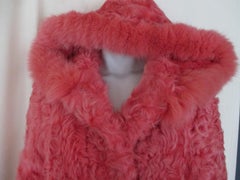 Coral Curley Lamb Fur Coat with Hood
