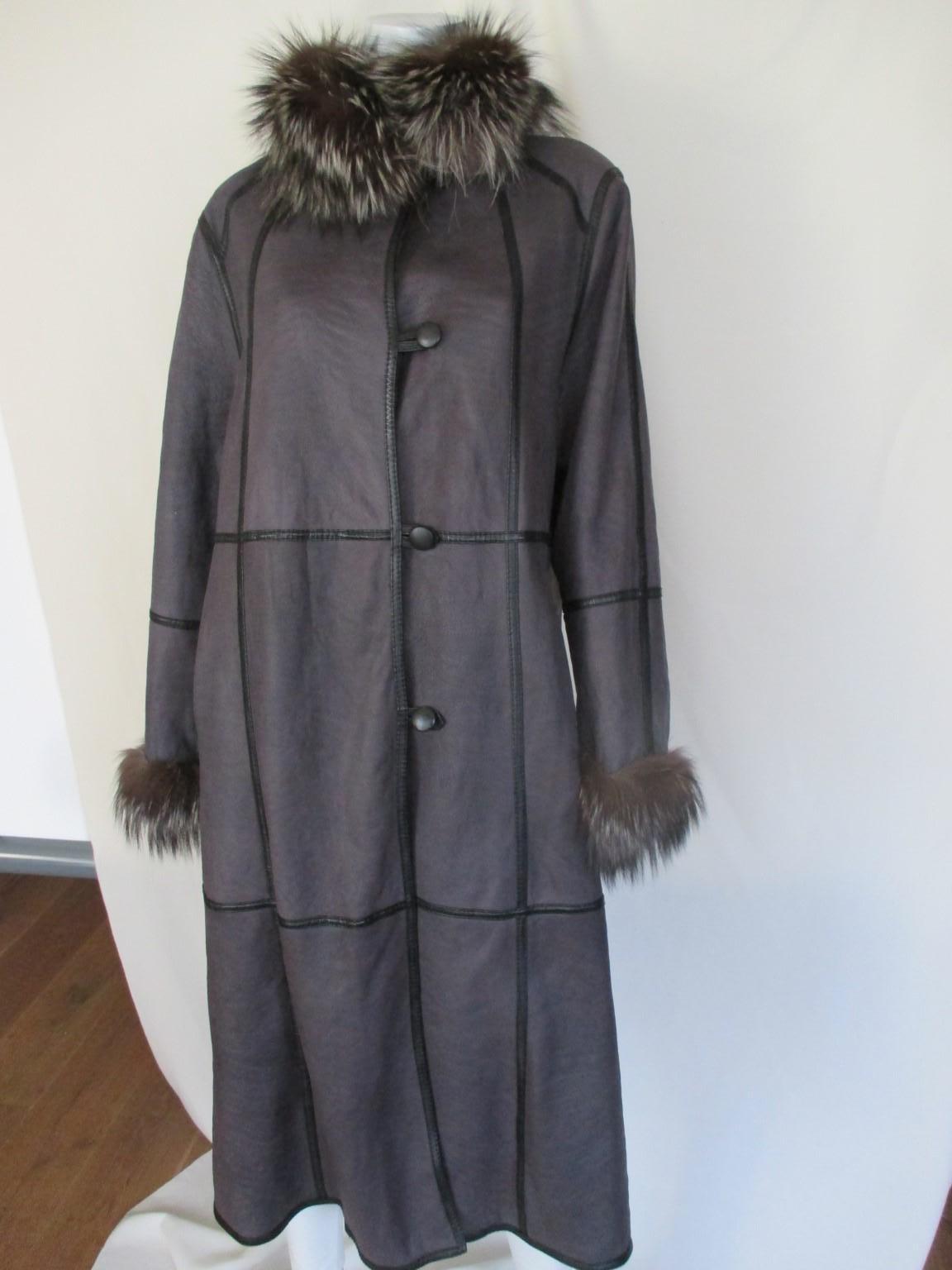 Black Reversible light weight Broadtail Lamb long fur coat with silver fox fur
