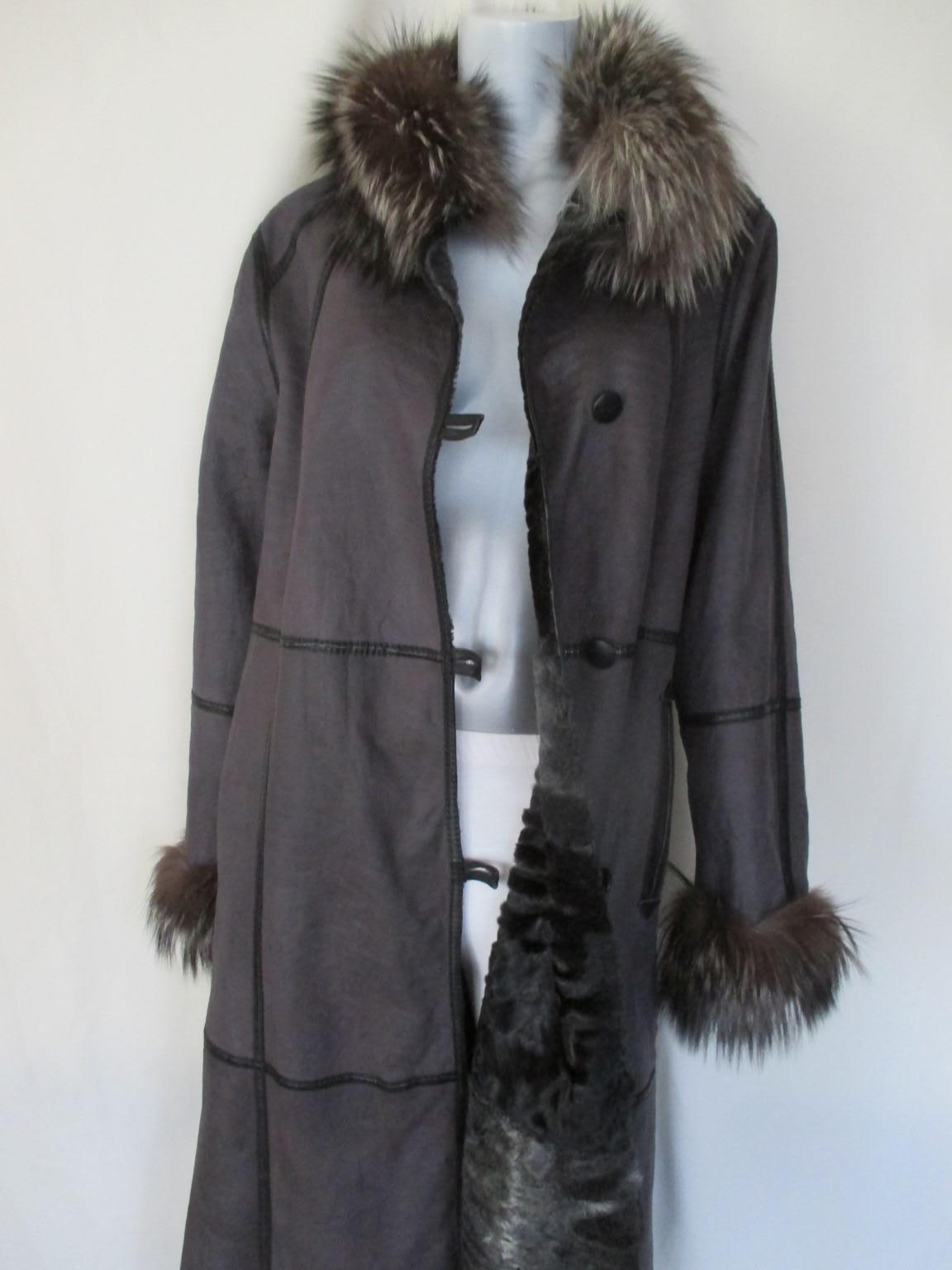 Reversible light weight Broadtail Lamb long fur coat with silver fox fur 1