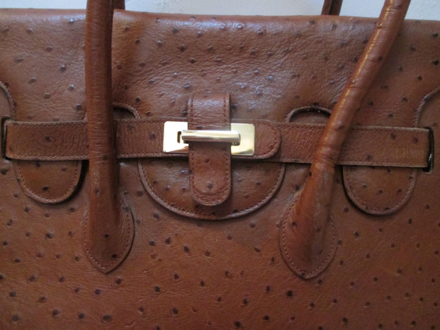 Women's or Men's Vintage Brown Ostrich Leather Bag 