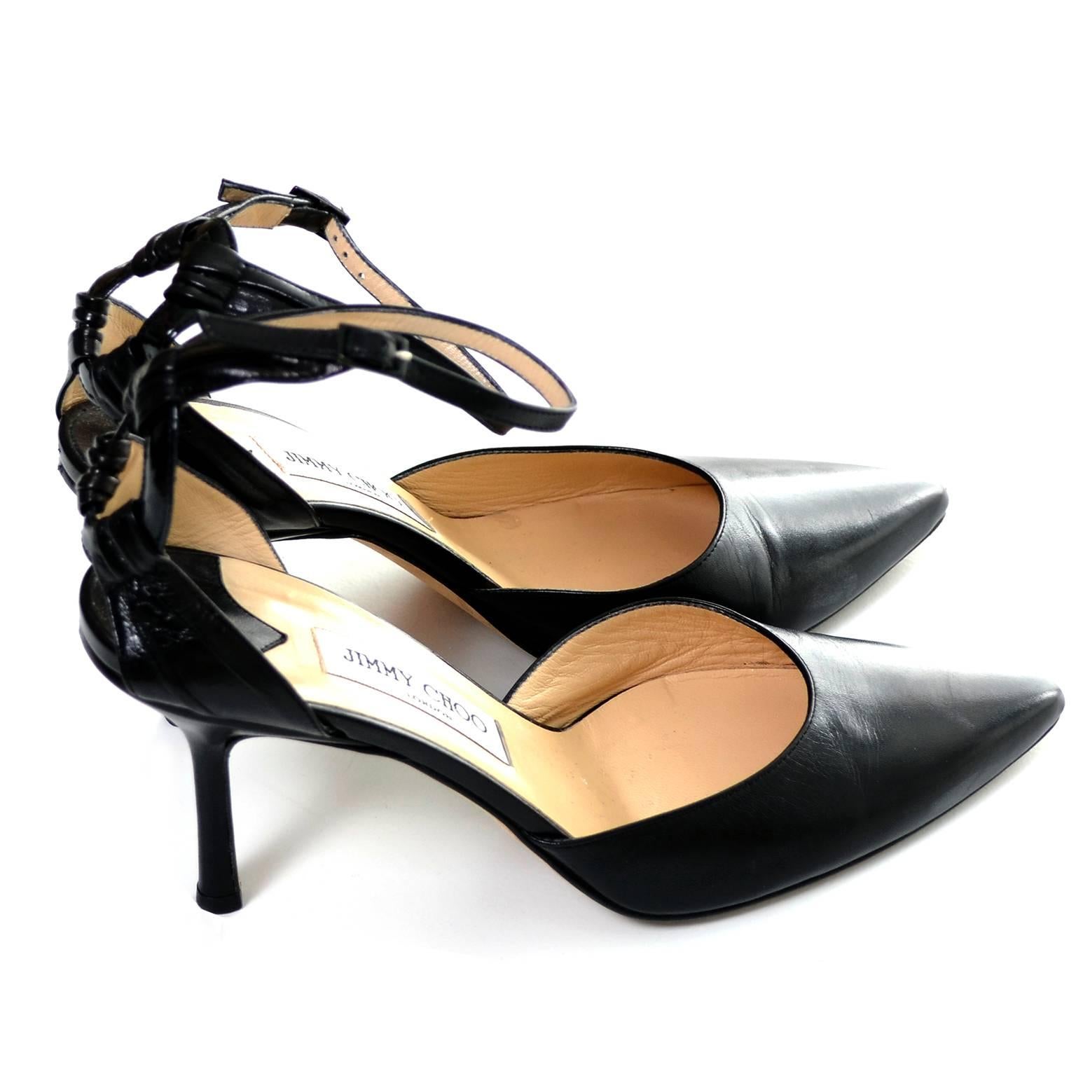 Jimmy Choo London Ankle Strap Shoes Black Leather Heels Pointed Toe 40 10 In Excellent Condition In Portland, OR