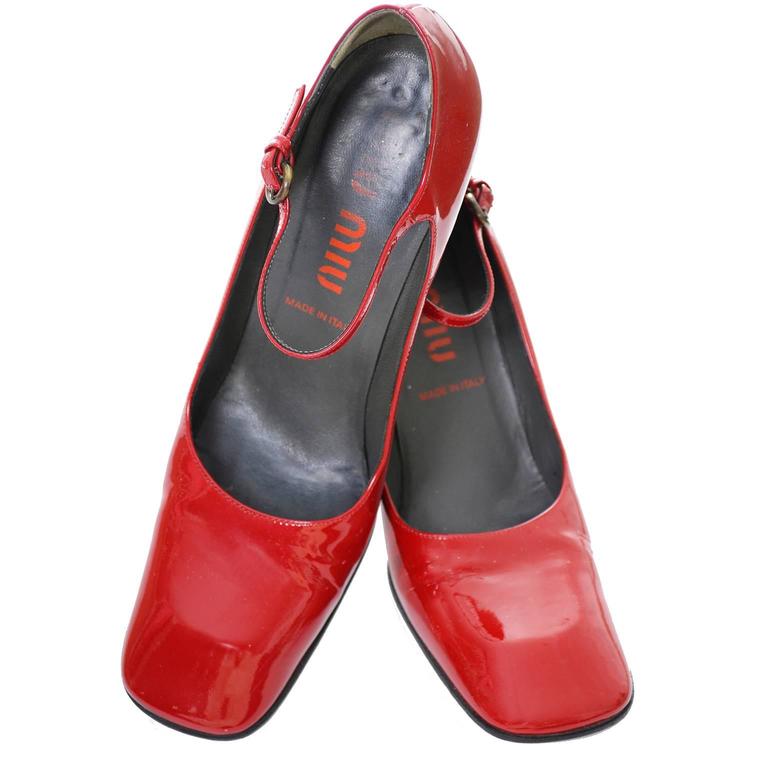 1990s Miu Miu Vintage Red Patent Leather Square Toe Mary Jane Shoes ...