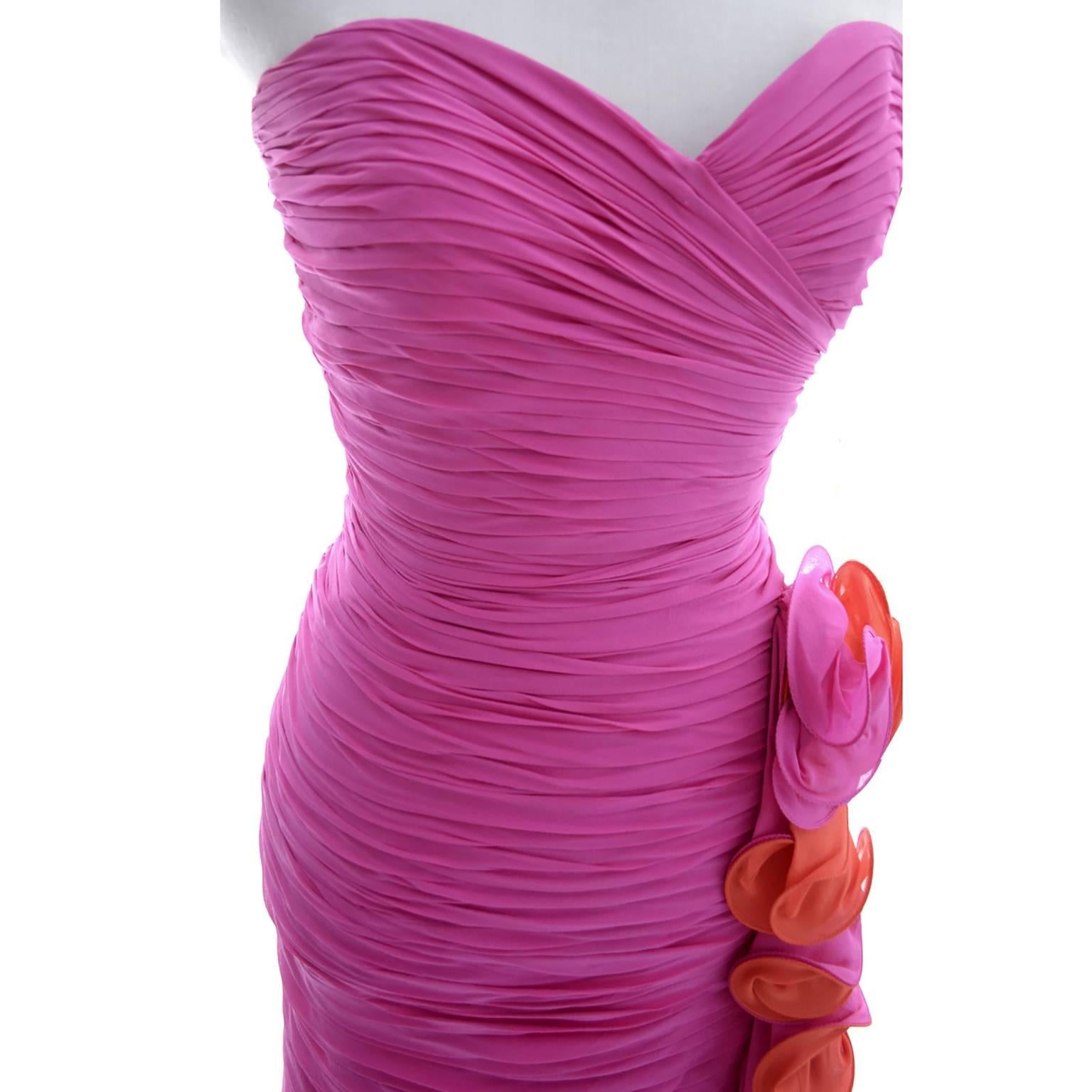 Silk Chiffon Vintage A J Bari Strapless Pink Orange Wiggle Dress, 1980s  In Excellent Condition In Portland, OR