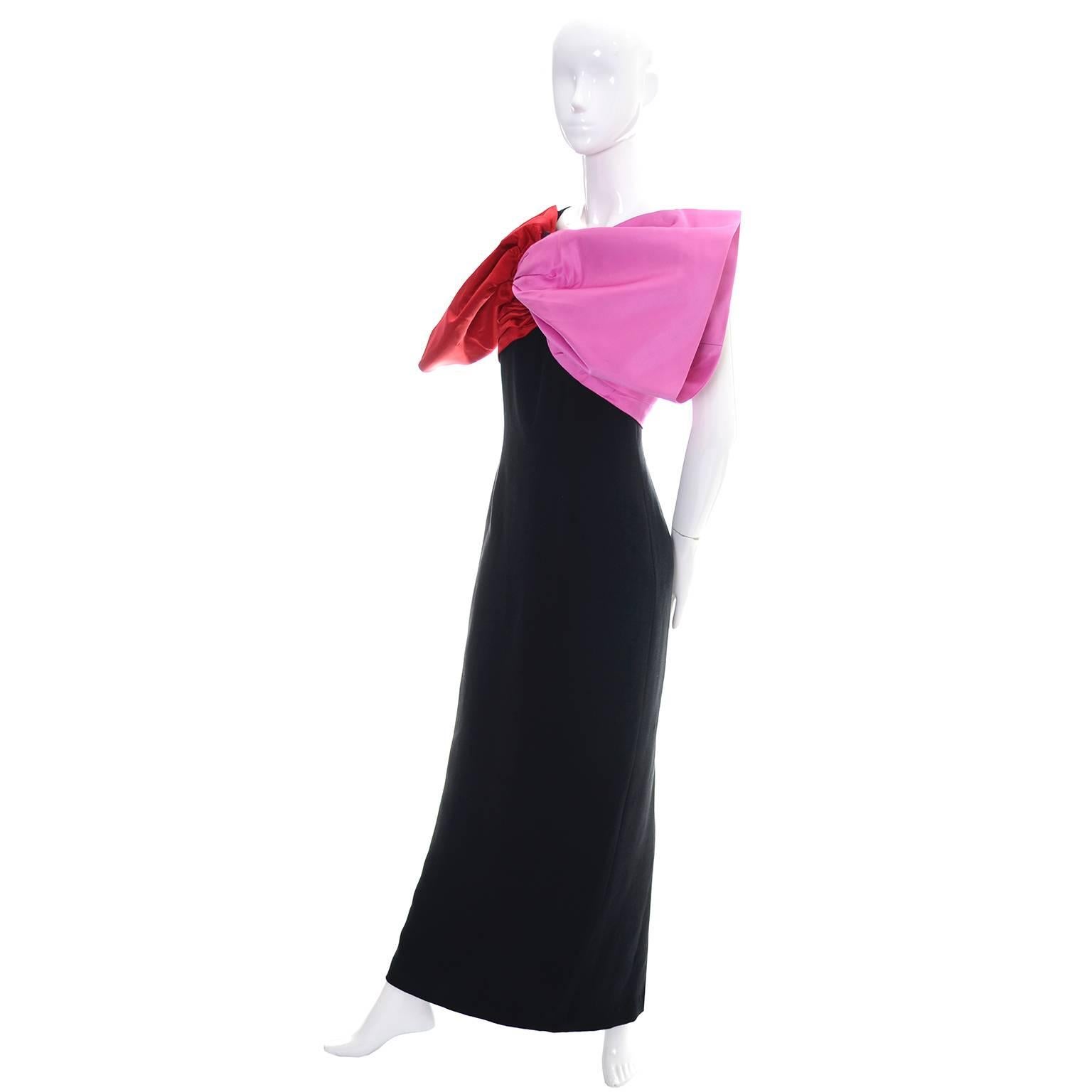 Black Bill Blass Vintage Dress Evening Gown 1980s Pink Red Bow Statement Dress