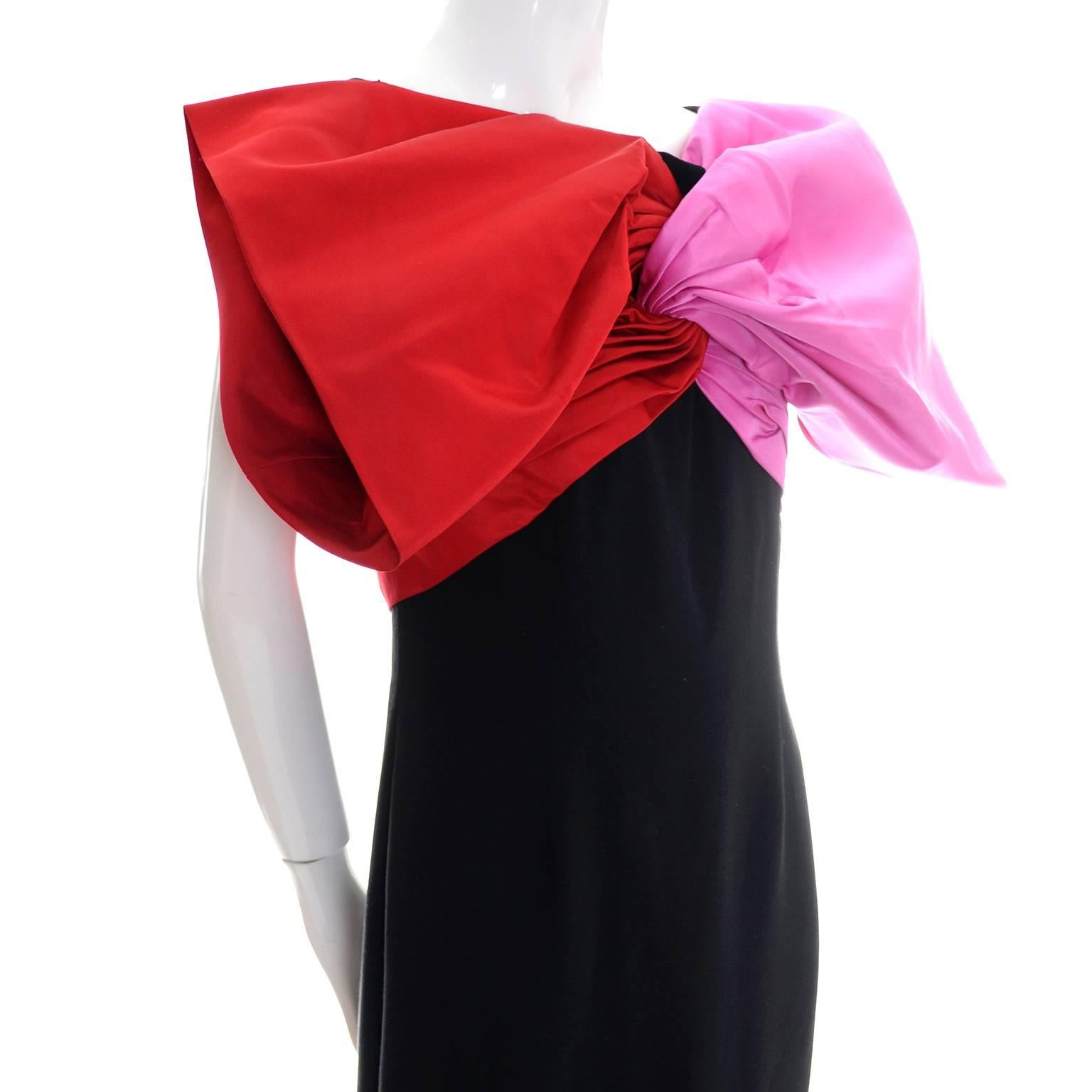 Bill Blass Vintage Dress Evening Gown 1980s Pink Red Bow Statement Dress In Excellent Condition In Portland, OR