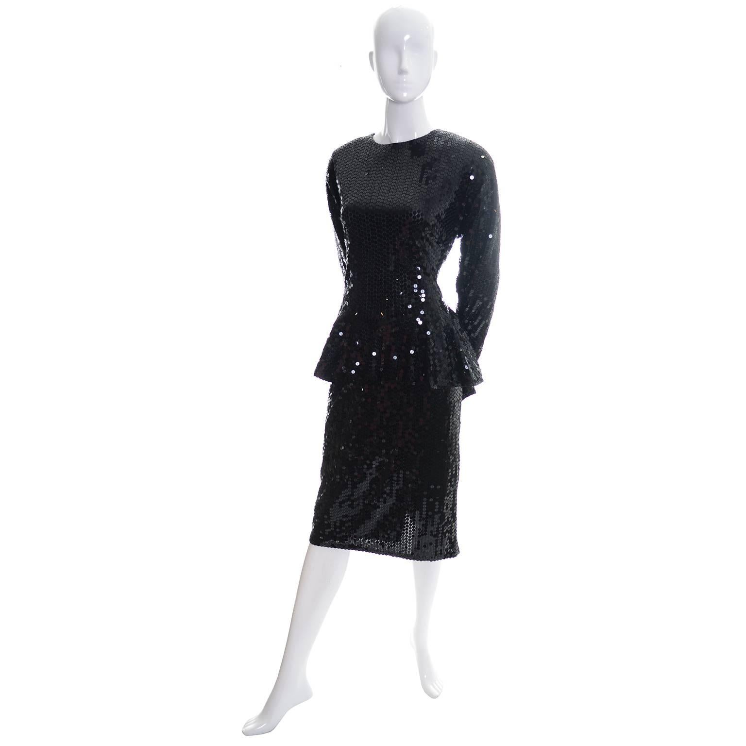 This Lillie Rubin vintage party or cocktail dress is from the 1980's and is covered in black sequins.  The dress is lined with a back zipper and fabulous peplum.  We would estimate this dress to be a size 8/10 but encourage you to used the