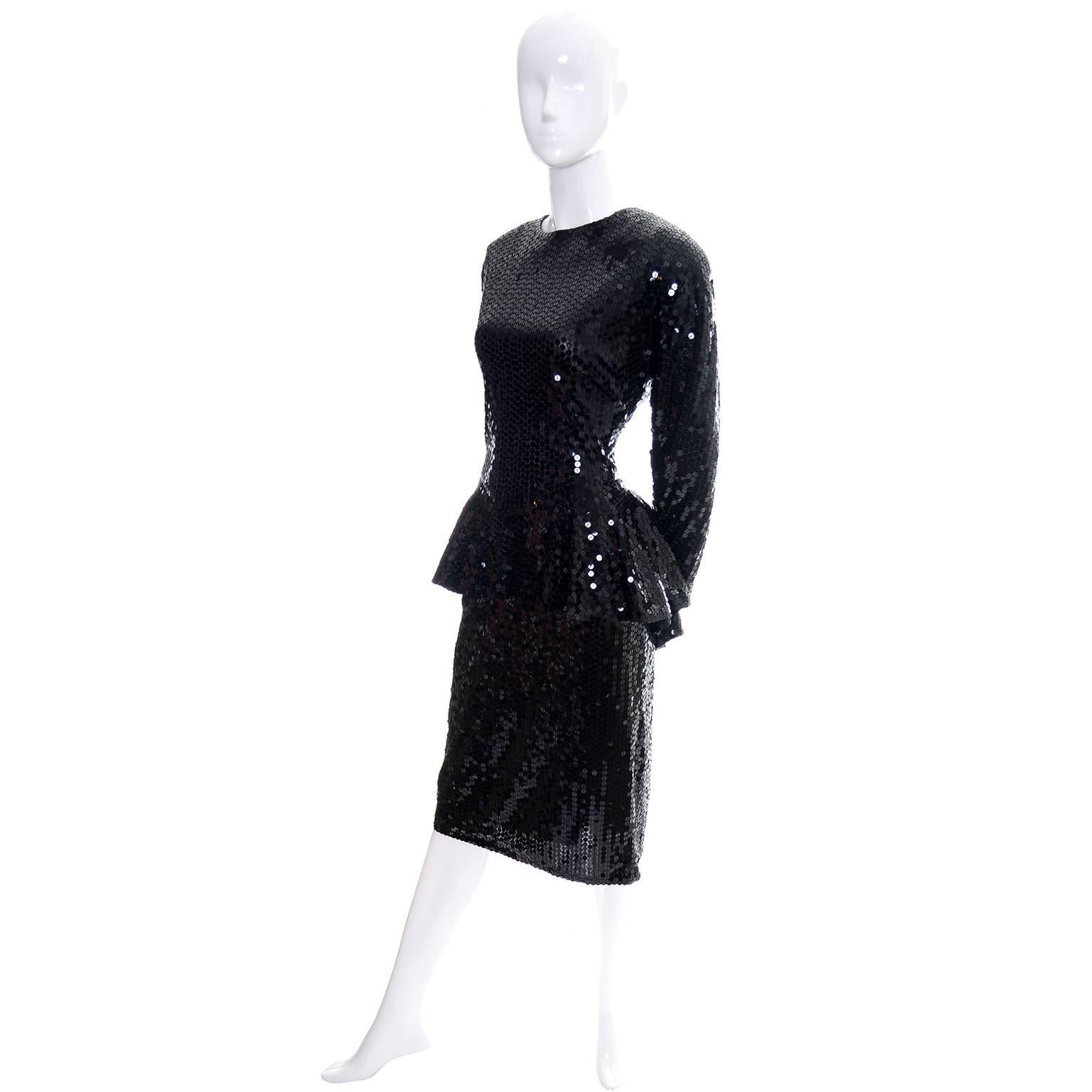 Women's 1980s Lillie Rubin Vintage Dress With Peplum in Black With Sequins