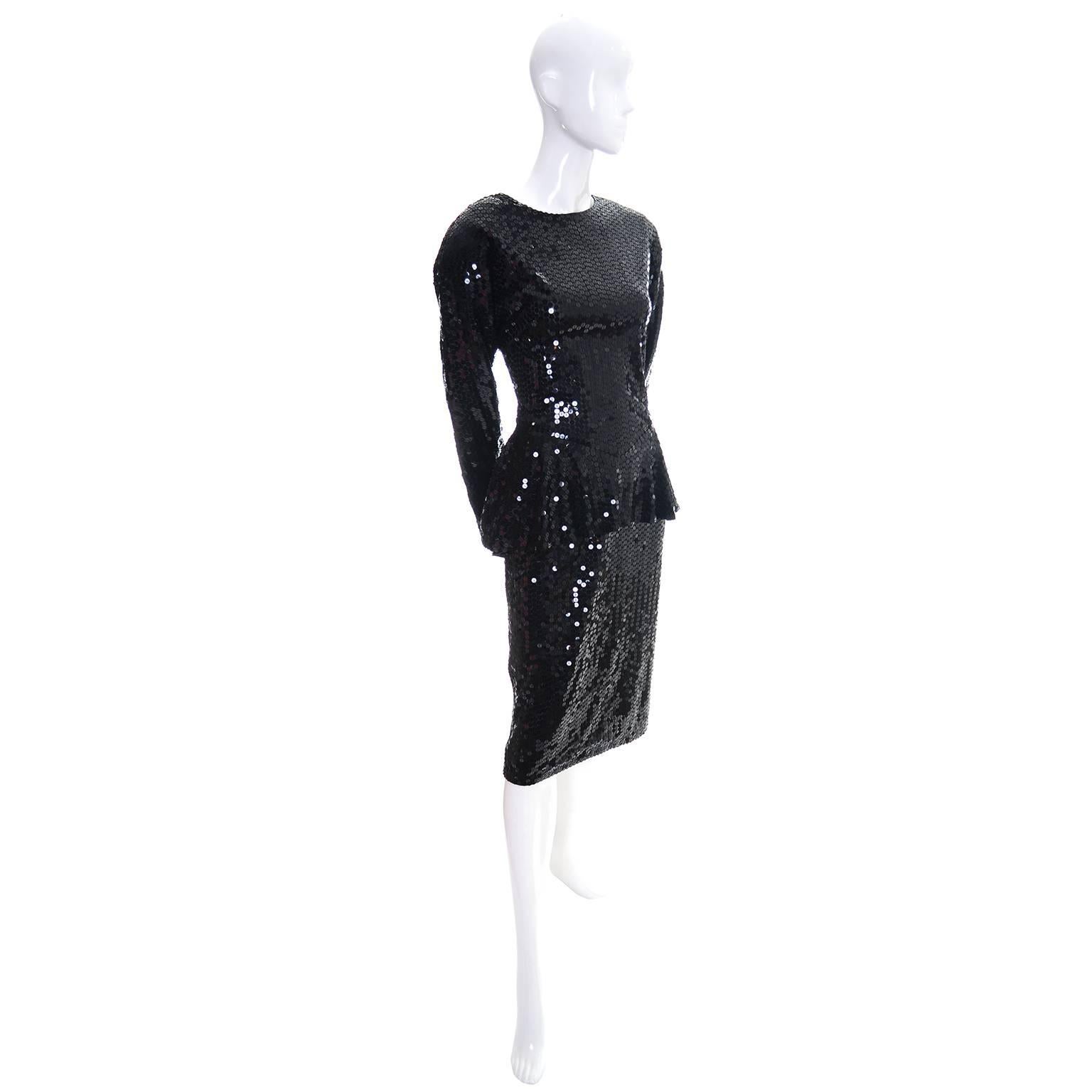 1980s Lillie Rubin Vintage Dress With Peplum in Black With Sequins In Excellent Condition In Portland, OR