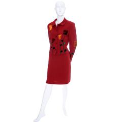 1990s Moschino Vintage Brick Red Skirt Suit Velvet Applique Flowers As New Italy