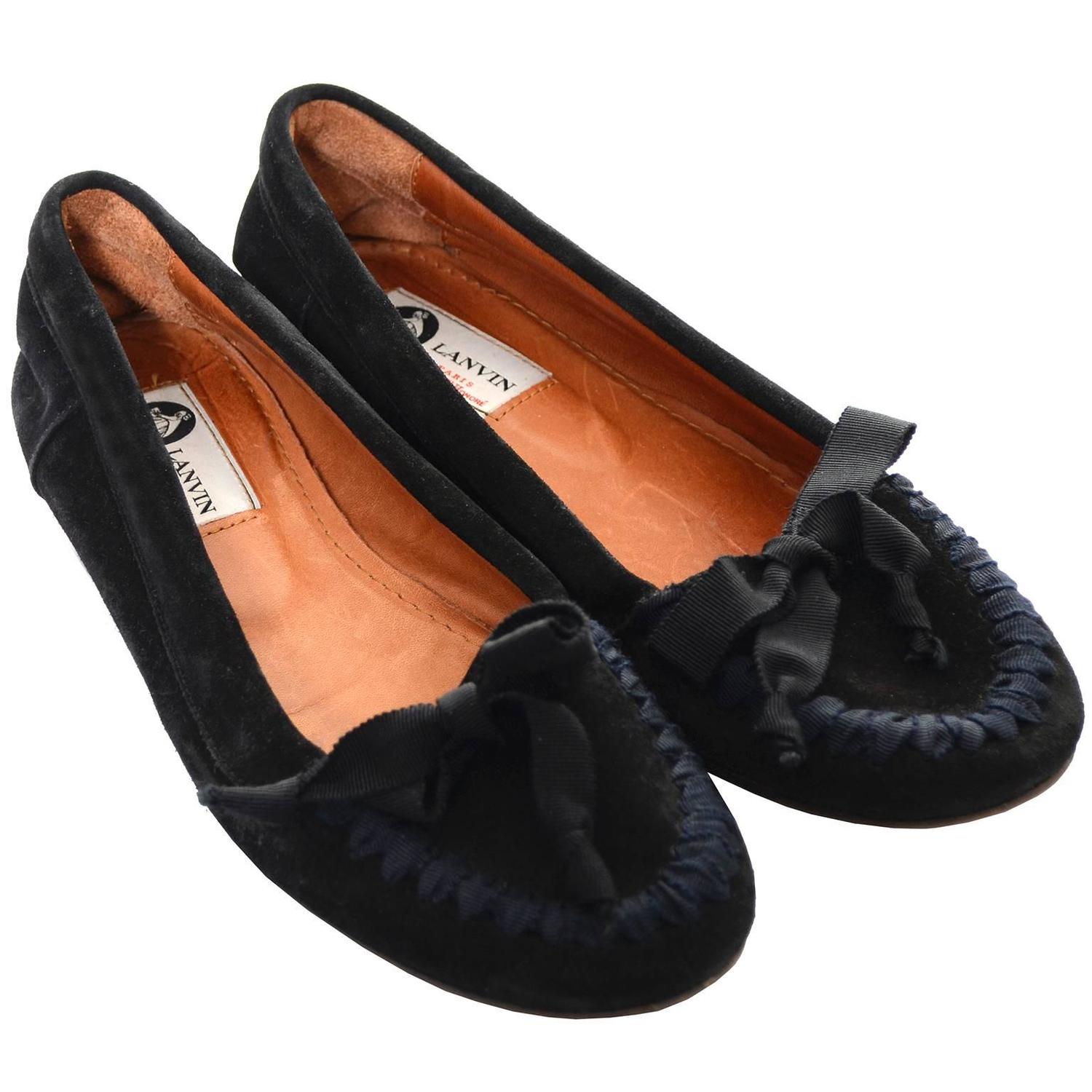 Lanvin Paris Black Suede Flats Shoes Ribbons Bows Loafers Size 38 6.5