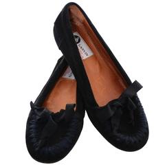 Lanvin Paris Black Suede Flats Shoes Ribbons Bows Loafers Size 38 6.5