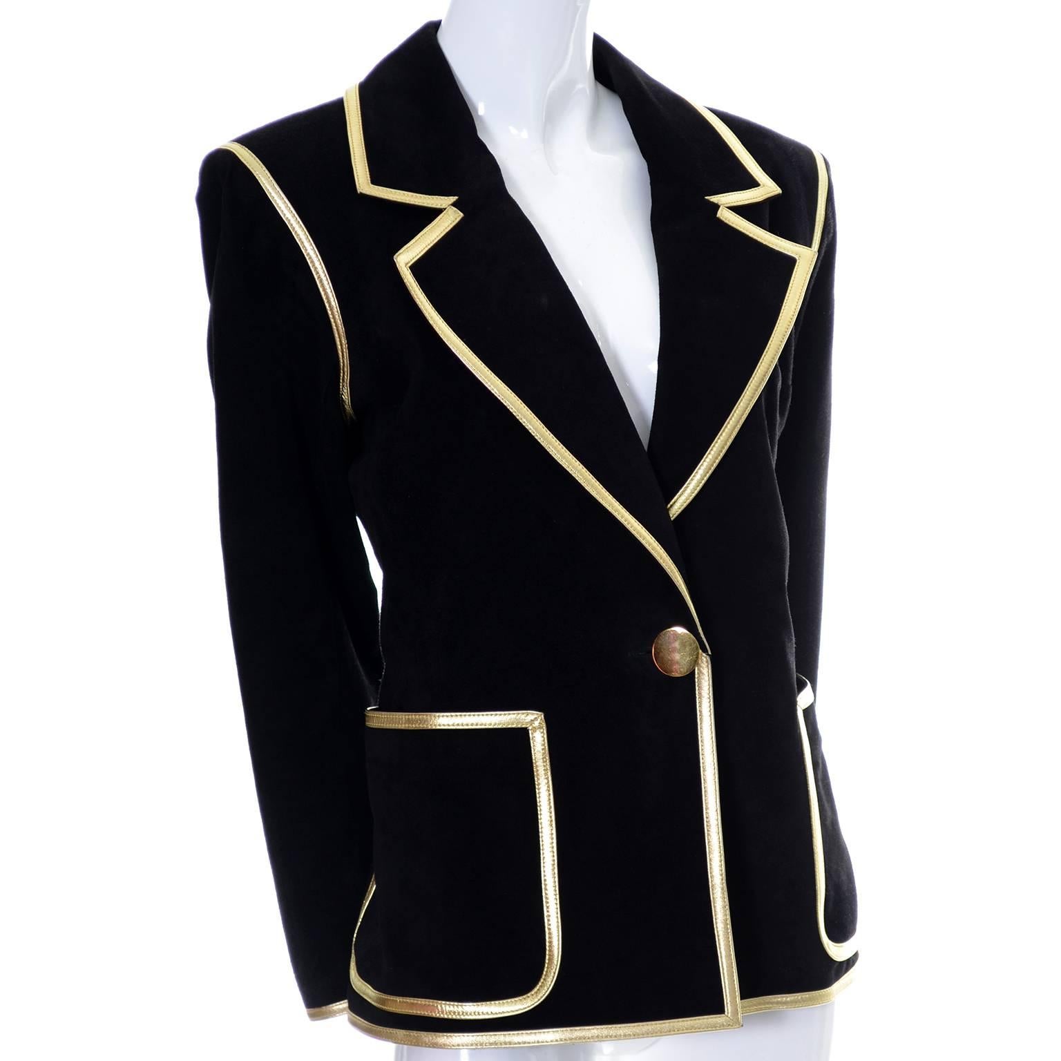 YSL Vintage Black Suede Jacket Gold Leather Documented Sz 40 France 1988 1