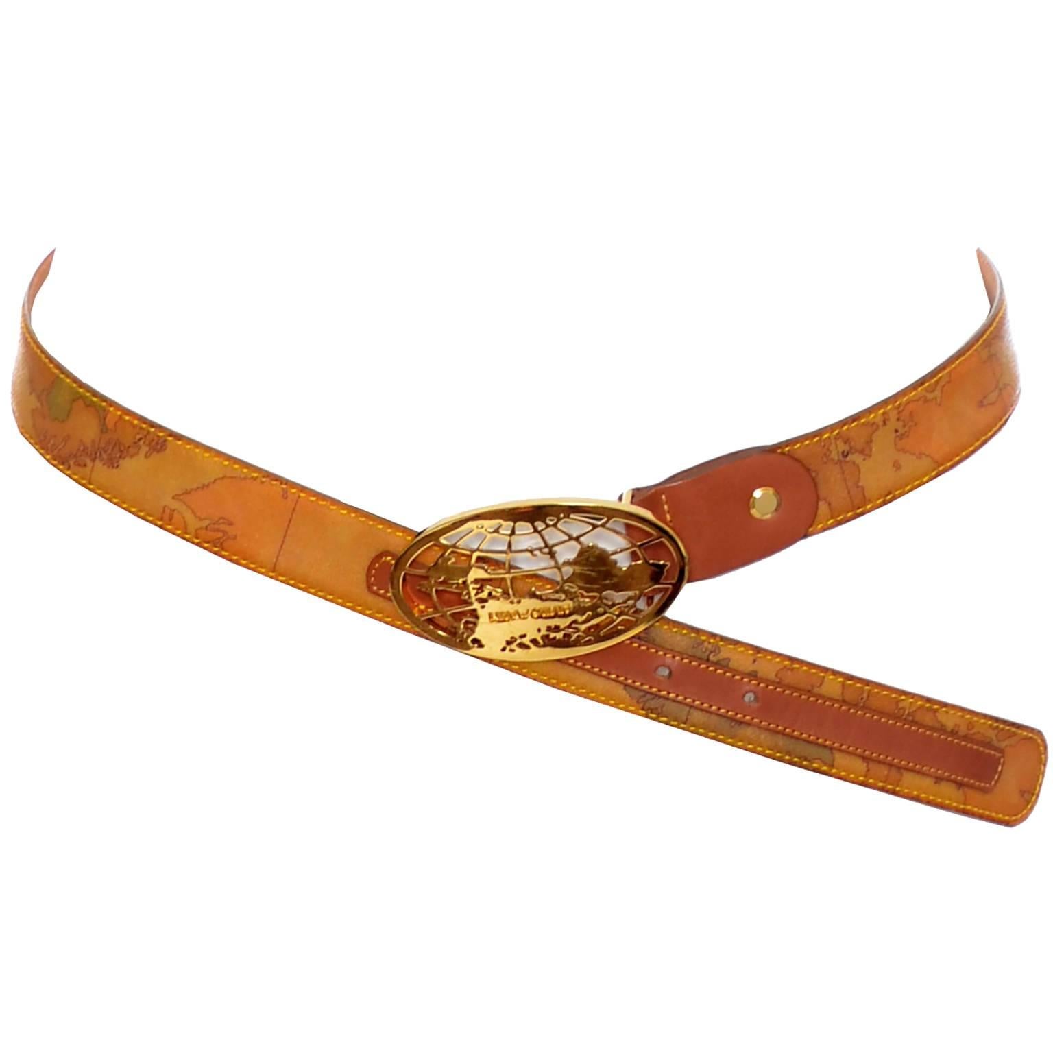 This Alviero Martini leather belt is perfect for any globetrotter! The belt is printed with geographical locations from around the globe and the fabulous buckle is a world map!  The belt is marked with the name Alviero Martini and is in excellent