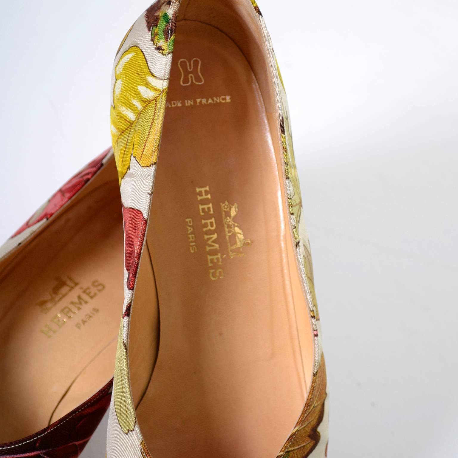 Beige Rare Vintage Hermes Shoes Flats Silk Scarf Print With Original Box 37.5B