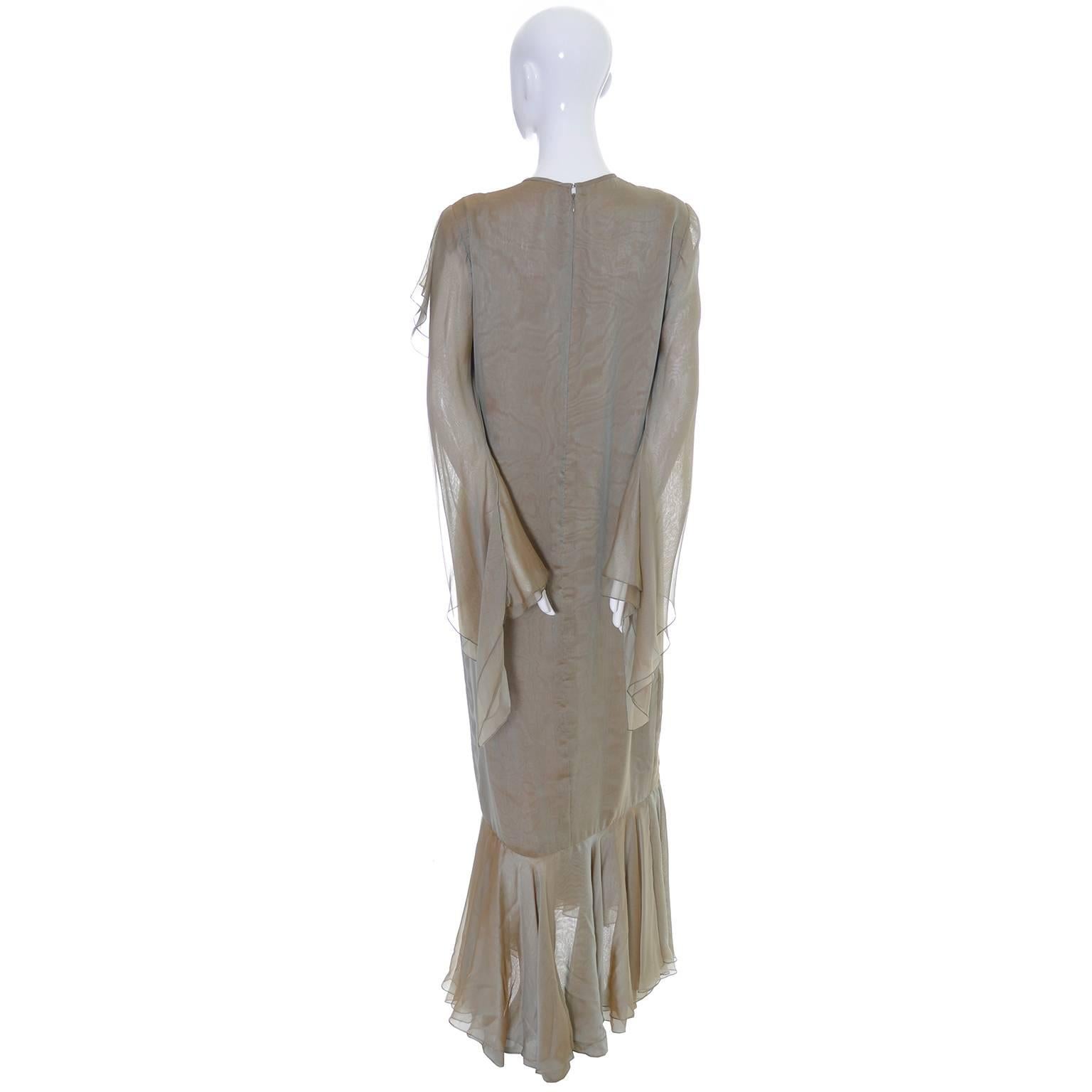 Gray 1993 Bill Blass Vintage Runway Dress in Iridescent Sage Green Silk w/ Ruffles  For Sale