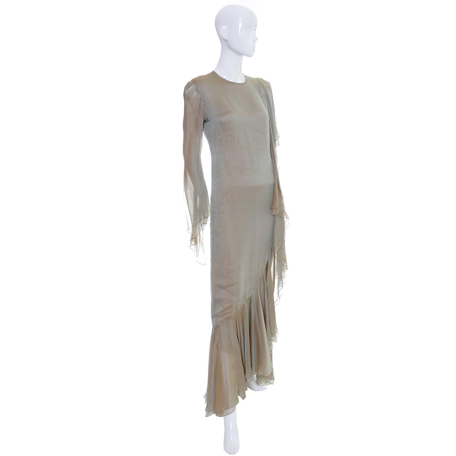 1993 Bill Blass Vintage Runway Dress in Iridescent Sage Green Silk w/ Ruffles  In Excellent Condition For Sale In Portland, OR