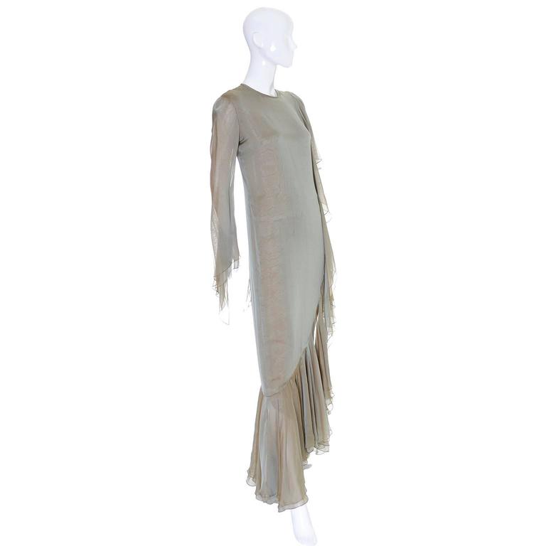 Gray 1993 Bill Blass Vintage Runway Dress in Iridescent Sage Green Silk w/ Ruffles  For Sale