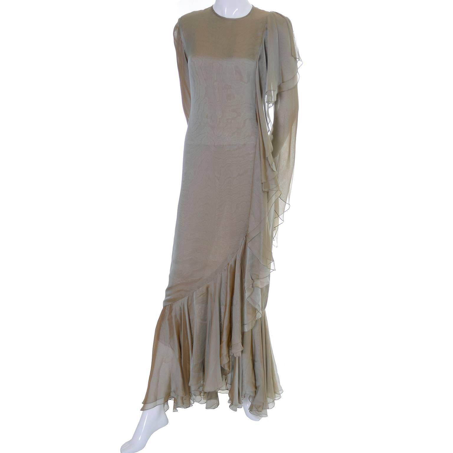 Women's 1993 Bill Blass Vintage Runway Dress in Iridescent Sage Green Silk w/ Ruffles  For Sale